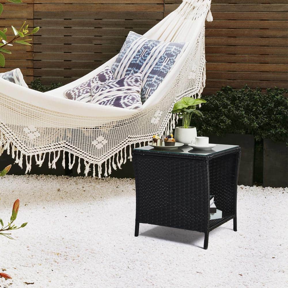 Black Wicker Outdoor Side Table with Glass Top and Storage