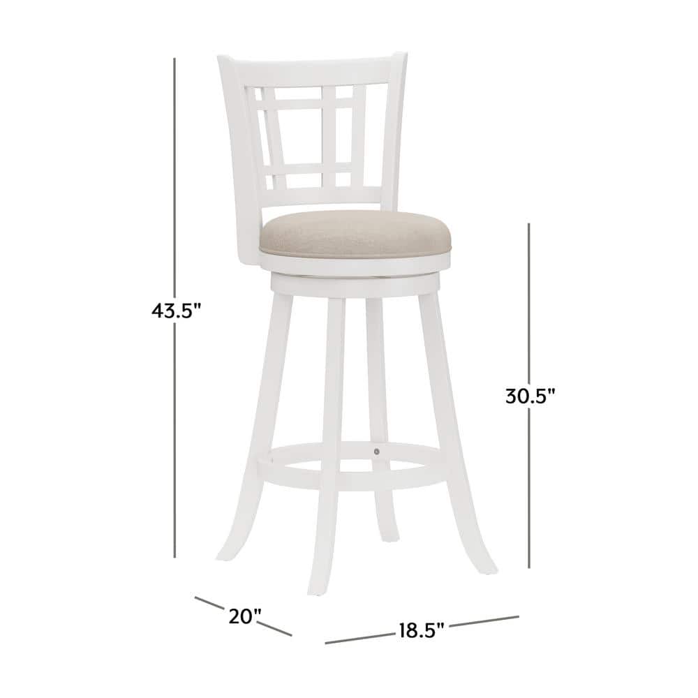 Elegant White Swivel Bar Stool with Beige Fabric Seat and Wood Accents