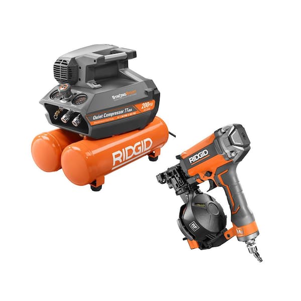 RIDGID 4.5 Gal. Portable Electric Quiet Air Compressor with 15° 1-3/4 in. Coil Roofing Nailer
