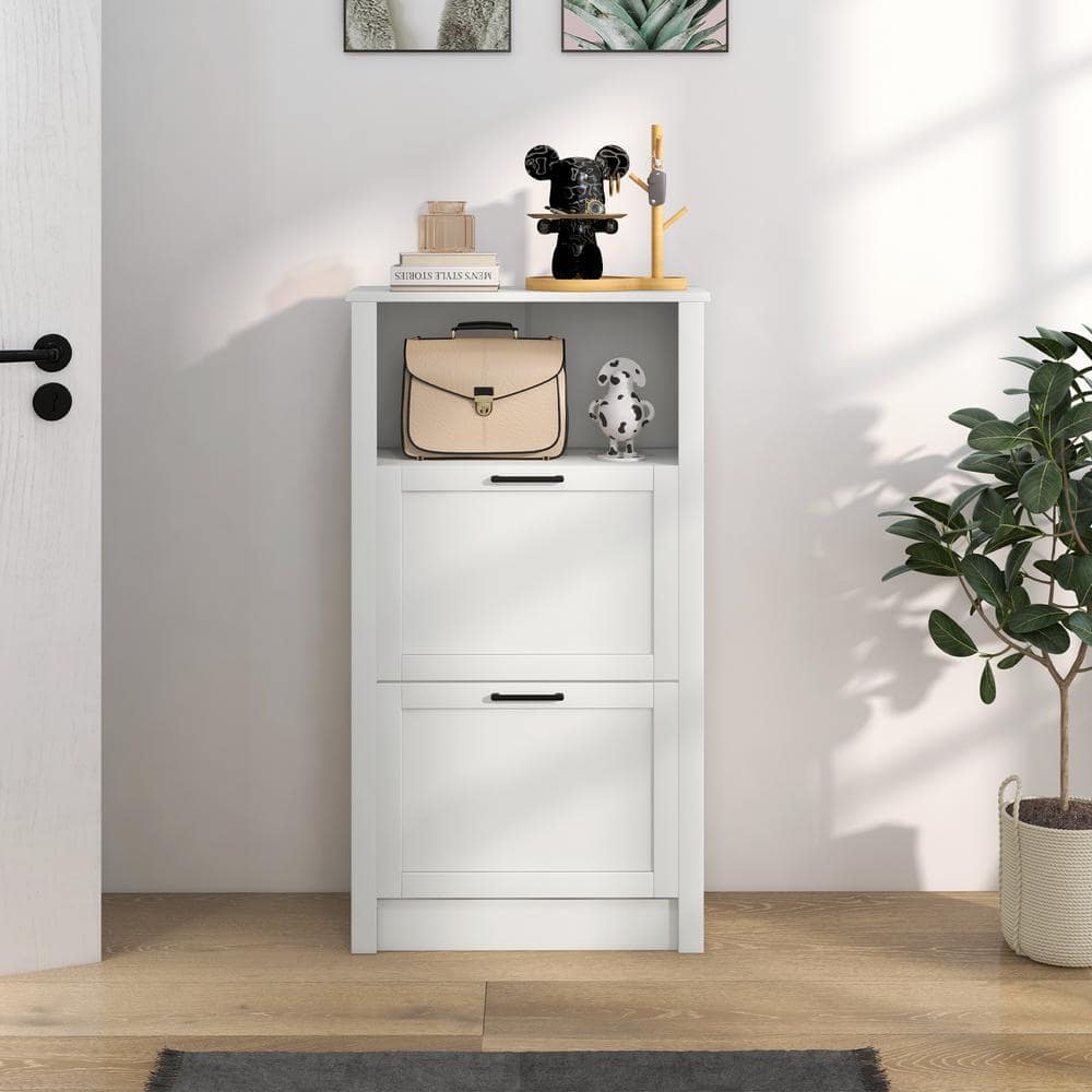White MDF Shoe Storage Cabinet with Flip Drawers and Open Shelf