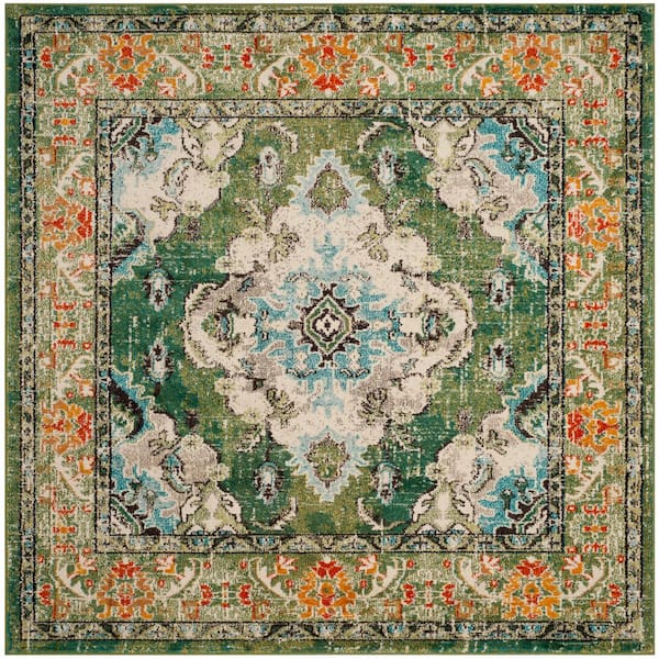 Monaco 10 ft. x 10 ft. Forest Green/Light Blue Distressed Border Medallion Square Area Rug