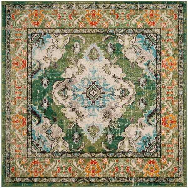 Monaco 12 ft. x 12 ft. Square Forest Green/Light Blue Distressed Border Medallion Area Rug
