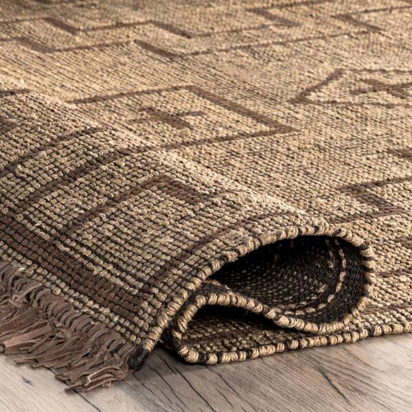 nuLOOM Livy Handmade Jute and Leather Tribal Fringe Natural 8 ft. x 10 ft. Area Rug