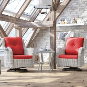 3-Piece Gray Wicker Patio Conversation Set Swivel Rocking Chair with Red Cushions and Table