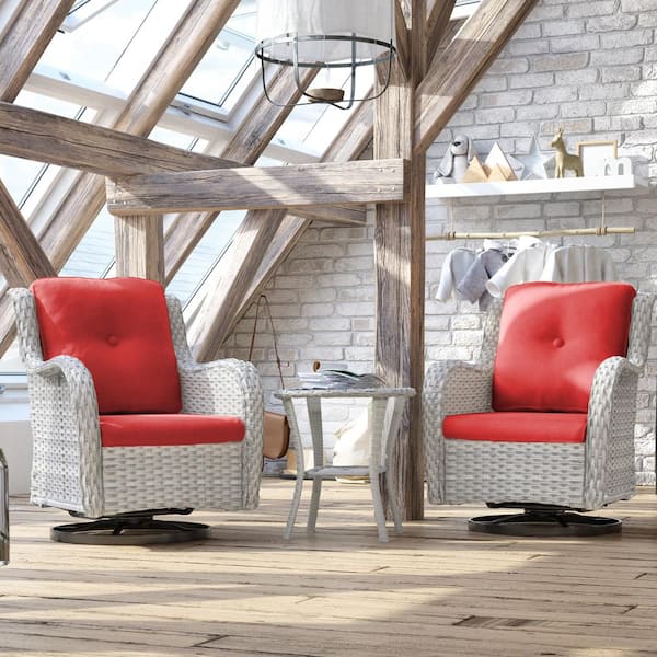 JOYSIDE 3-Piece Gray Wicker Patio Conversation Set Swivel Rocking Chair with Red Cushions and Table