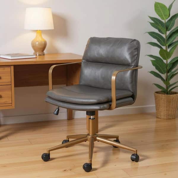 Faux Leather Ergonomic Chair in Brown, Gray with Adjustable Arms