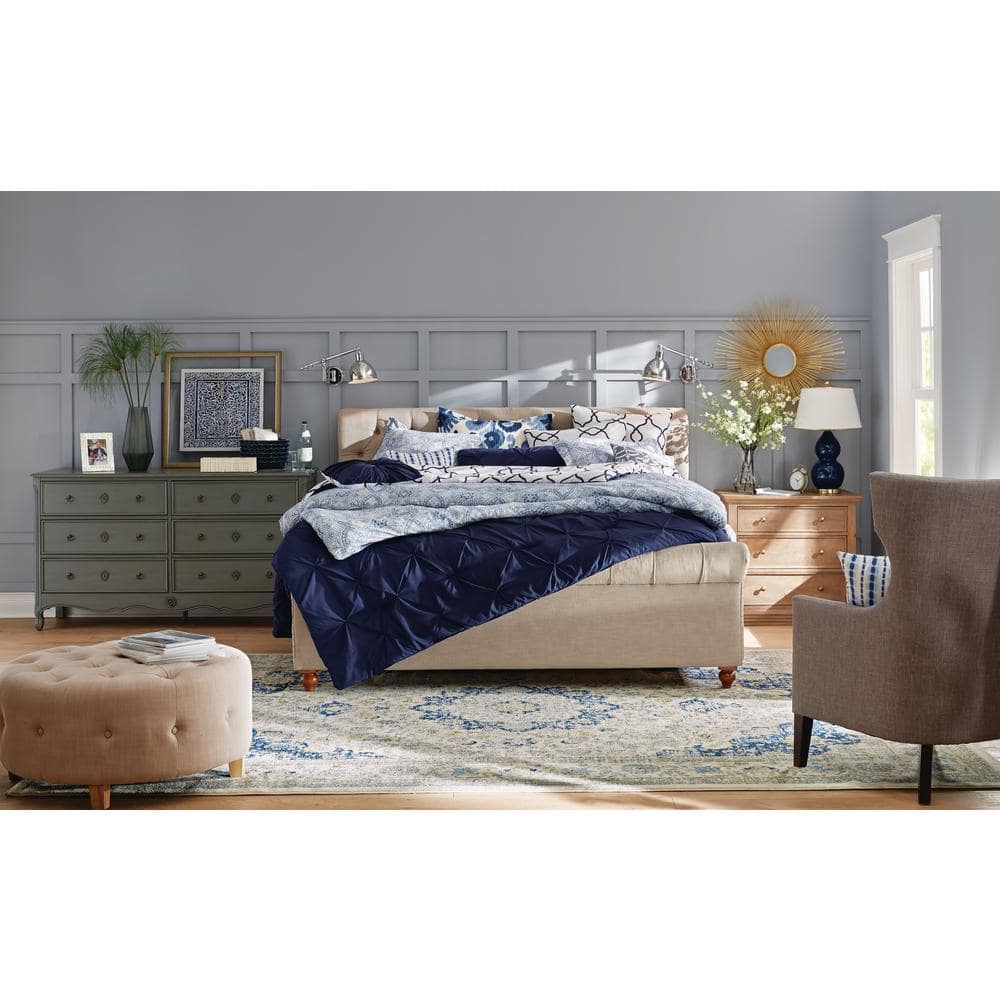 Navy Ceramic Double Gourd Table Lamp Set with Off-White Shades