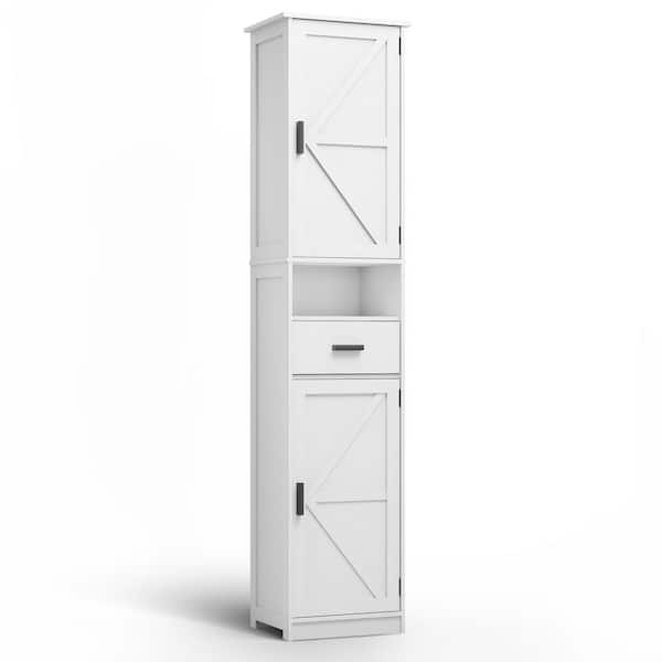 cadeninc 14.56 in. W x 11.22 in. D x 69.29 in. H White Bathroom Storage Cabinet with 2 Barn Doors and 1 Drawer,Adjustable Shelves