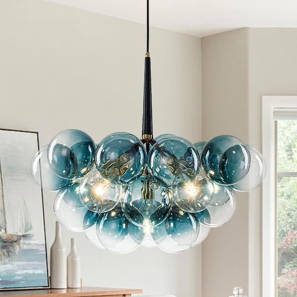 Alma 6-Light 24.8 in.W Brass and Black Cluster Bubble Chandelier with Blue Tinted Glass for Nursery (LED Bulbs Included)
