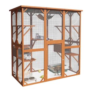 Outdoor Large Cat Cage House, Weatherproof Wooden Cats Catio Cat Cage Enclosure with 7 Platform and 2 Small House, Wood