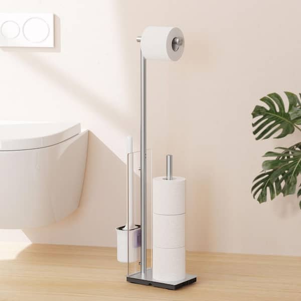 Bathroom Freestanding Toilet Paper Holder with Toilet Brush in Brushed Finish