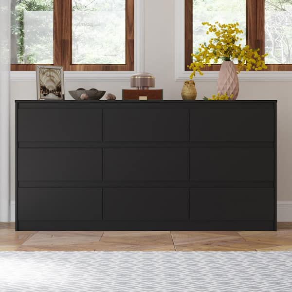 FUFU&GAGA 9-Drawer Black Wood Dresser Modern Style 31.5 in. H x 63 in. W x 15.7 in. D
