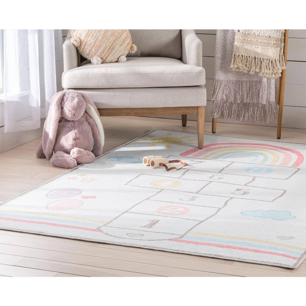 Kids Rainbow Hopscotch Playmat Rug 5' x 7' Synthetic