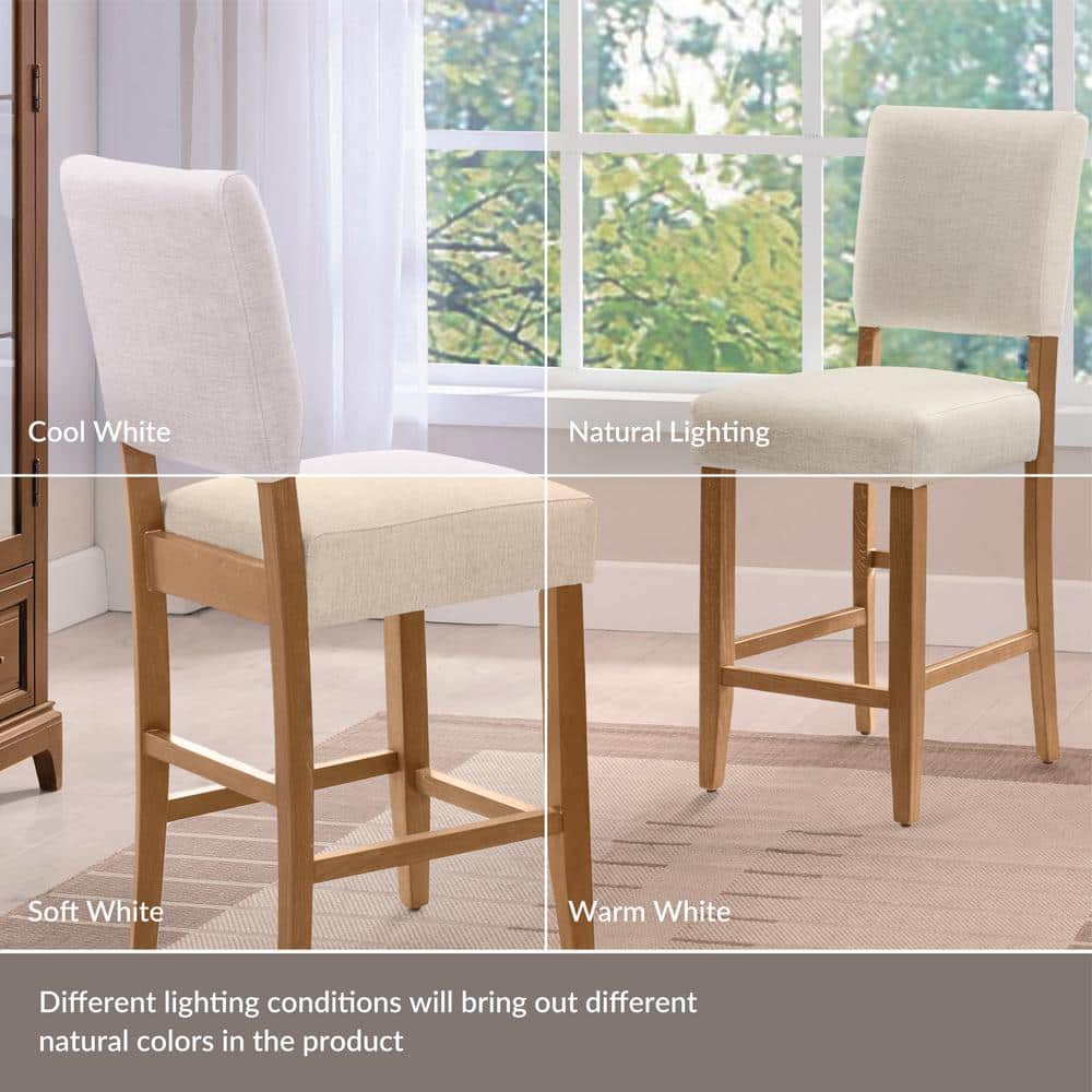Natural White Sand Upholstered Bar Height Stools with Wood Base, Set of 2