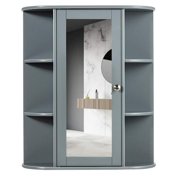 Gymax Bathroom Cabinet Single Door Shelves Wall Mount Cabinet W/Mirror Grey