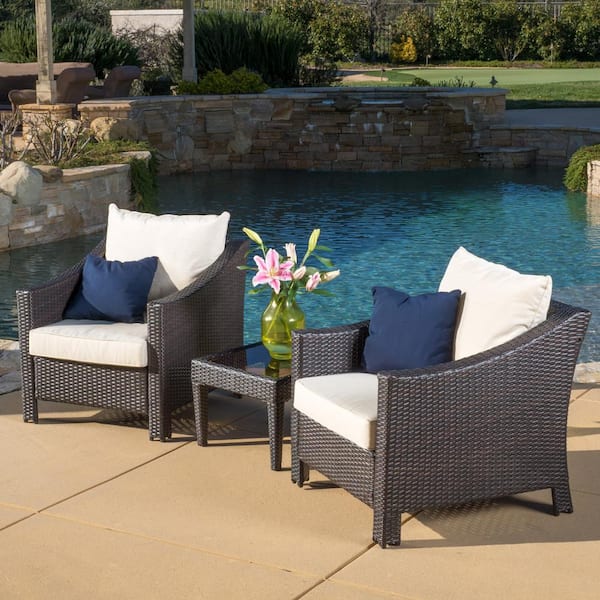 Noble House Antibes Multi-Brown 3-Piece Faux Rattan Outdoor Patio Conversation Set with Beige Cushions