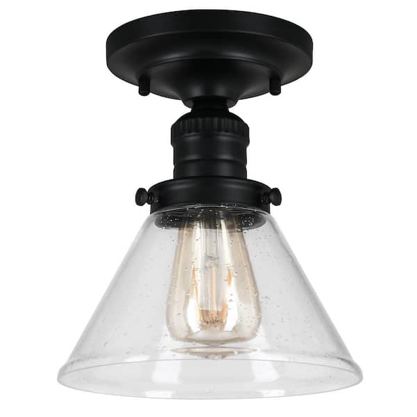 Cavell 7.9 in. 1-Light Matte Black Semi-Flush Mount with Clear Seedy Glass Shade and No Bulbs Included