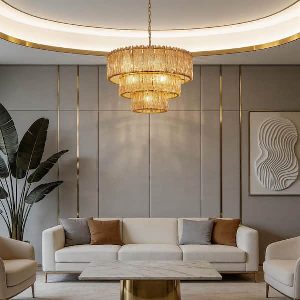 KAWOTI 8-Light Gold 3-Tiered Chandelier Light Fixture with Amber