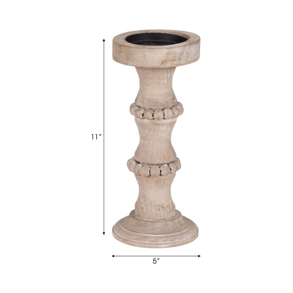 Ivory Distressed Wood Tabletop Candlestick with Decorative Beads