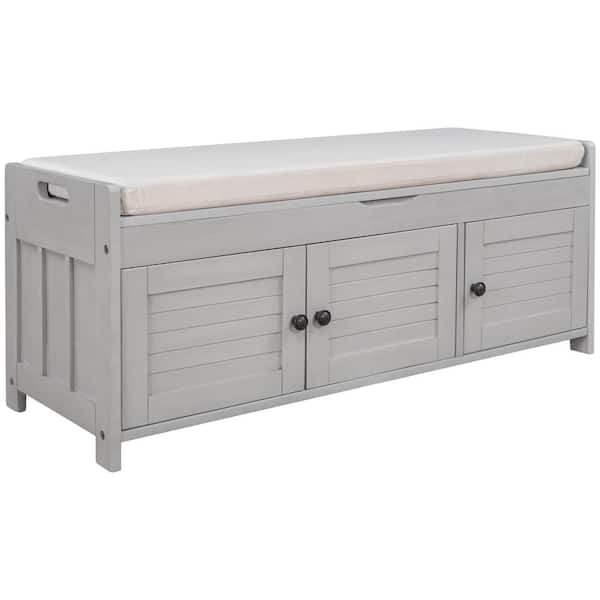 Unbranded 43.5 in. W x 16 in. D x 18 in. H Gray Storage Bench Linen Cabinet with 3-Doors and Adjustable Shelf