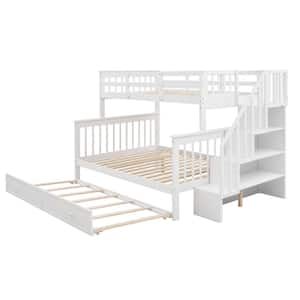 Stairway Twin Over Full Bunk Bed with Trundle, Storage and Guard Rail in White(91.73 in. L x 54.33 in. W x 61.4 in. H)