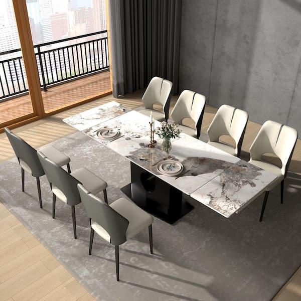 Pandora Marble Top 94.48 in. Pedestal Extendable Dining Table Seats 10+ with Electroplated Stainless Steel Base