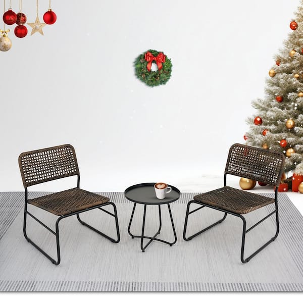 AUTMOON 3-Piece Patio Furniture Set, PE Rattan Wicker Chairs with Round Table for Balcony, Backyard, Black Plus Brown