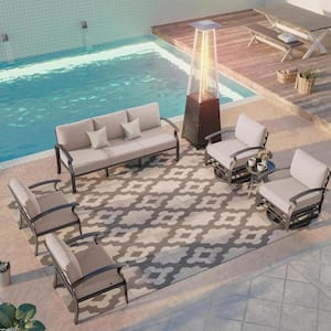 7-Seat Aluminum Patio Conversation Set with Swivel Rocking Chairs, 55,000 BTU Pyramid Propane Heater and Cushion Sand