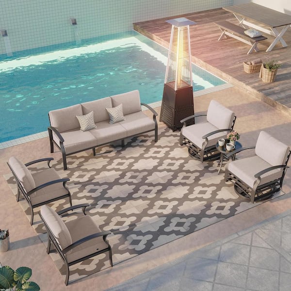 Halmuz 7-Seat Aluminum Patio Conversation Set with Swivel Rocking Chairs, 55,000 BTU Pyramid Propane Heater and Cushion Sand