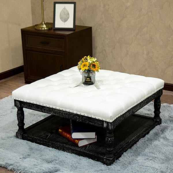 Cairona Black and White Tufted Textile 34 in. Shelved Ottoman Table