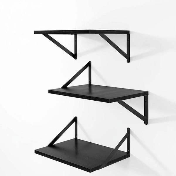 15.8 in. W x 11.8 in. D Black Floating Shelves for Wall (Set of 3), Wood Decorative Wall Shelf with Metal Bracket