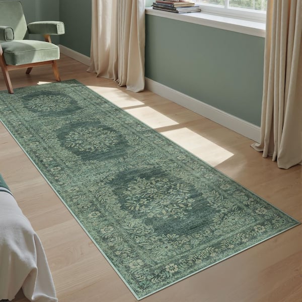 Kamuri Green 2 ft. x 8 ft. Vintage Washable Medallion Distressed Runner Rug