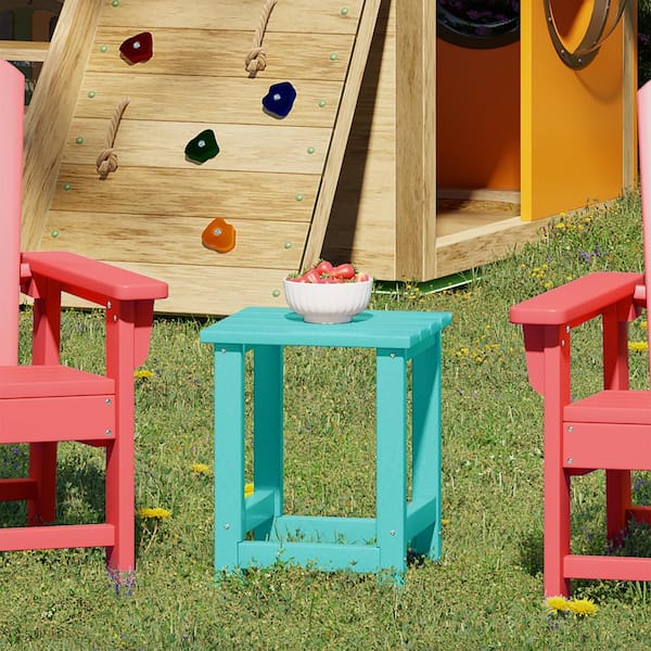 Children's Laguna Outdoor Patio All Weather Fade Resistant Kids Poly Plastic Adirondack Square Side Table in Turquoise
