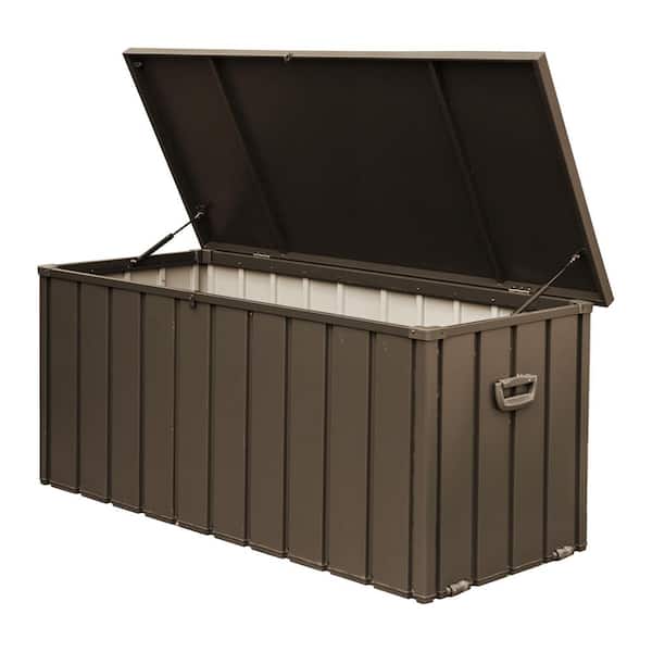 100 Gal. Brown Steel Deck Box Large Outdoor Storage Box Waterproof, Outside Deck Box with Lockable Lid for Garden Tools