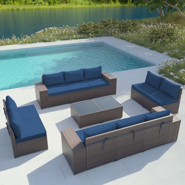 Halmuz 12-Piece Wicker Outdoor Sectional Set with Cushion Navy Blue