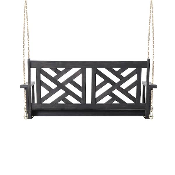 Unbranded Classic 2-Person Acacia Wood Porch Swing w/Slat Panel Seating, Armrests and Chains in Dark Gray suitable for Outdoor Use