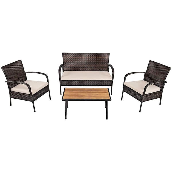 SKONYON 4-Piece Wicker Outdoor Patio Conversation Seating Set with Beige Cushions and Coffee Table