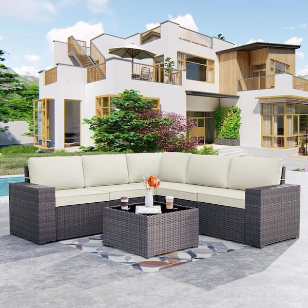 Halmuz 6-Piece Wicker Outdoor Sectional Set with Cream Cushion