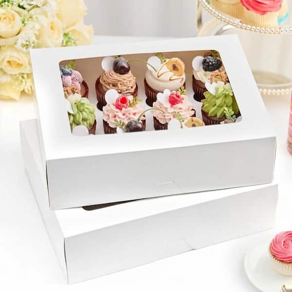 12-Piece White Cake Carrier Set with Clear Window Disposable Cardboard Cupcake Container Carrier Set 2-Pack