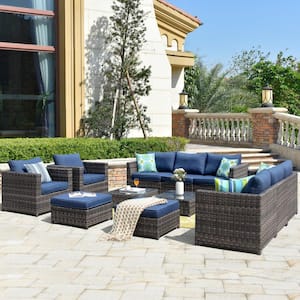Harper Gray 12-Piece Wicker Outdoor Sectional Set with Denim Blue Cushions