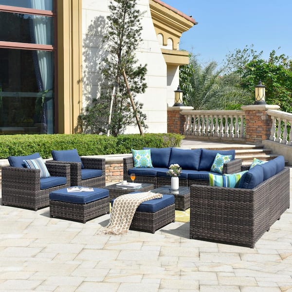 XIZZI Harper Gray 12-Piece Wicker Outdoor Sectional Set with Denim Blue Cushions