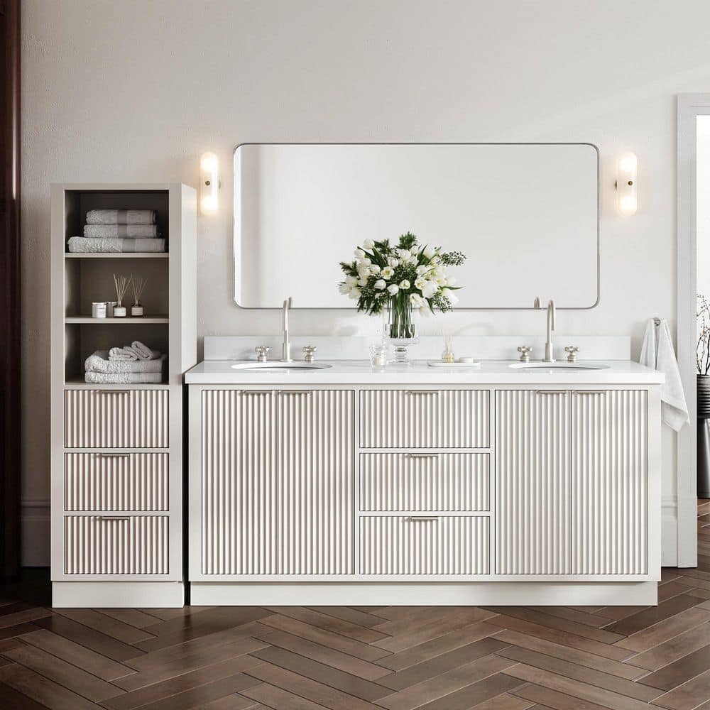 Milan 73 in. Double Sink Bath Vanity with Pure White Quartz Top and Linen Cabinet in Warm White price history on PriceWatchPro
