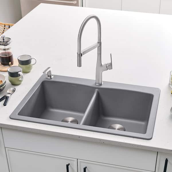 DIAMOND Coal Black Granite Composite 33 in. Double Bowl Drop-In/Undermount Kitchen Sink