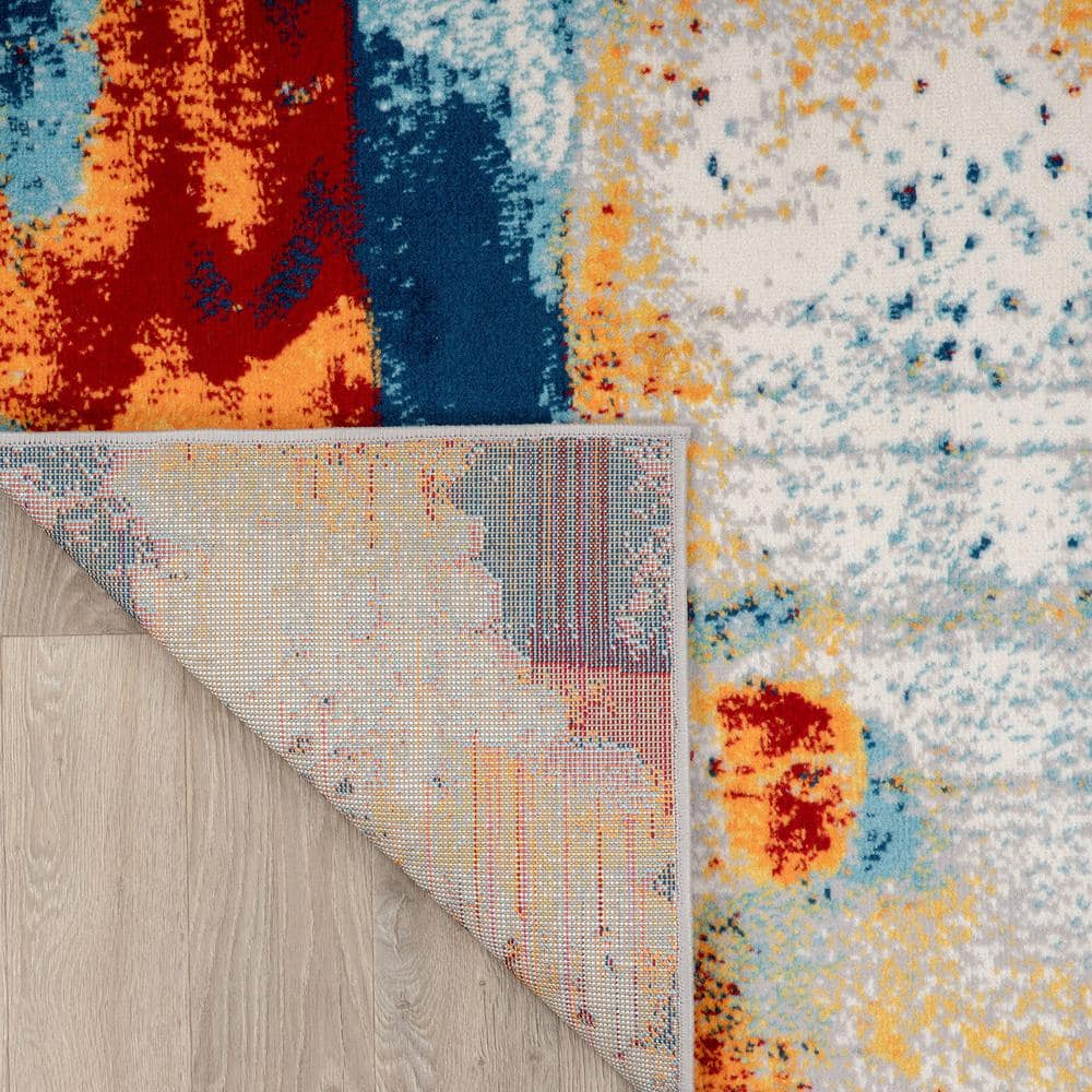 Large Blue and Orange Abstract Synthetic Area Rug