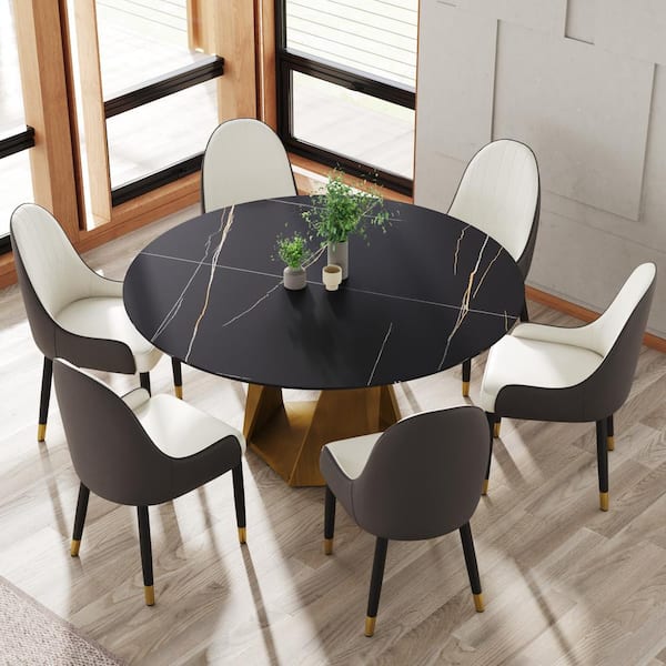 Magic Home 59 in. Black Round Sintered Stone Tabletop Bronze Pedestal Base Kitchen Dining Table (Seats-8)