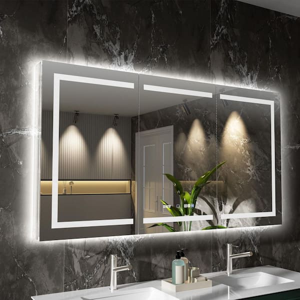 60 in. W x 36 in. H Rectangular Silver Aluminum Recessed/Surface Mount Medicine Cabinet with Mirror, LED and Clock