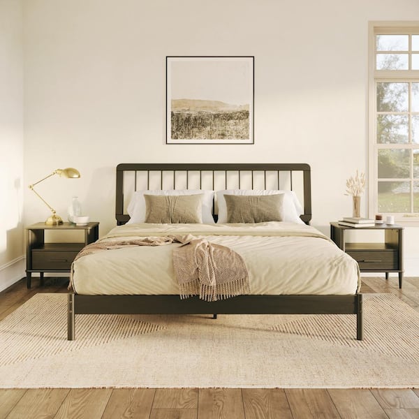 Welwick Designs Mid-Century Modern Black Solid Wood Frame King Platform Bed