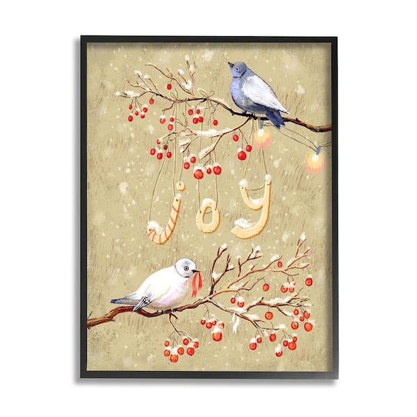 Stupell Industries Joy Birds on Winter Branch by Verbrugge Watercolor 1 Piece Framed Graphic Print Animal Poster Art Print 20 in. x 16 in.
