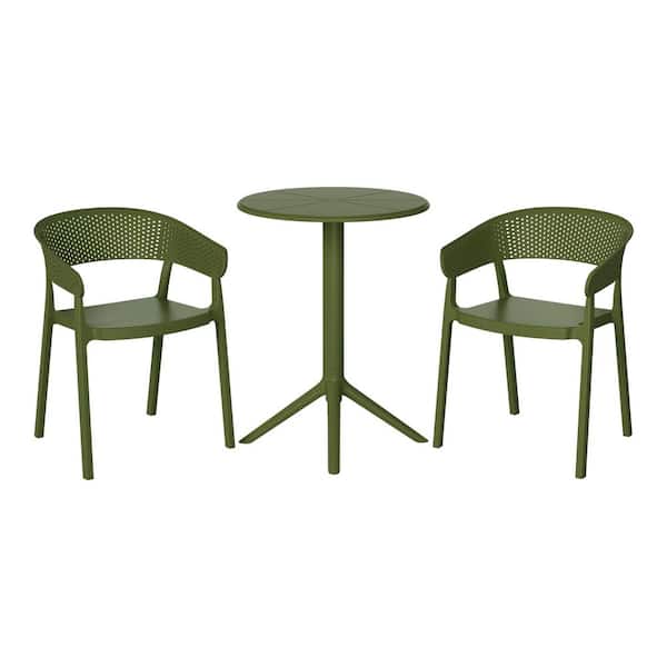 Frond and Form Outdoor Patio Modern HDPE Plastic 3-Piece Indoor/Outdoor Bistro Set w/ Stackable Chairs, Olive Green