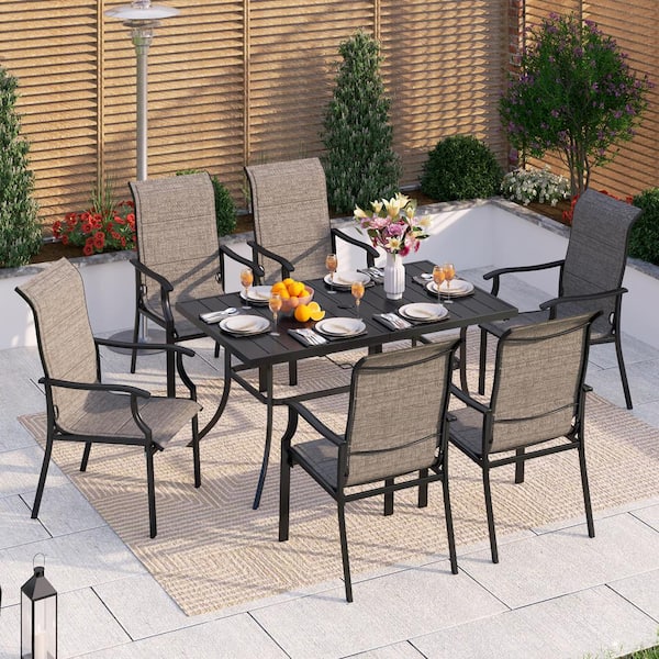 PHI VILLA Black 7-Piece Metal Rectangle Table Outdoor Patio Dining Set with Padded Textilene Chairs